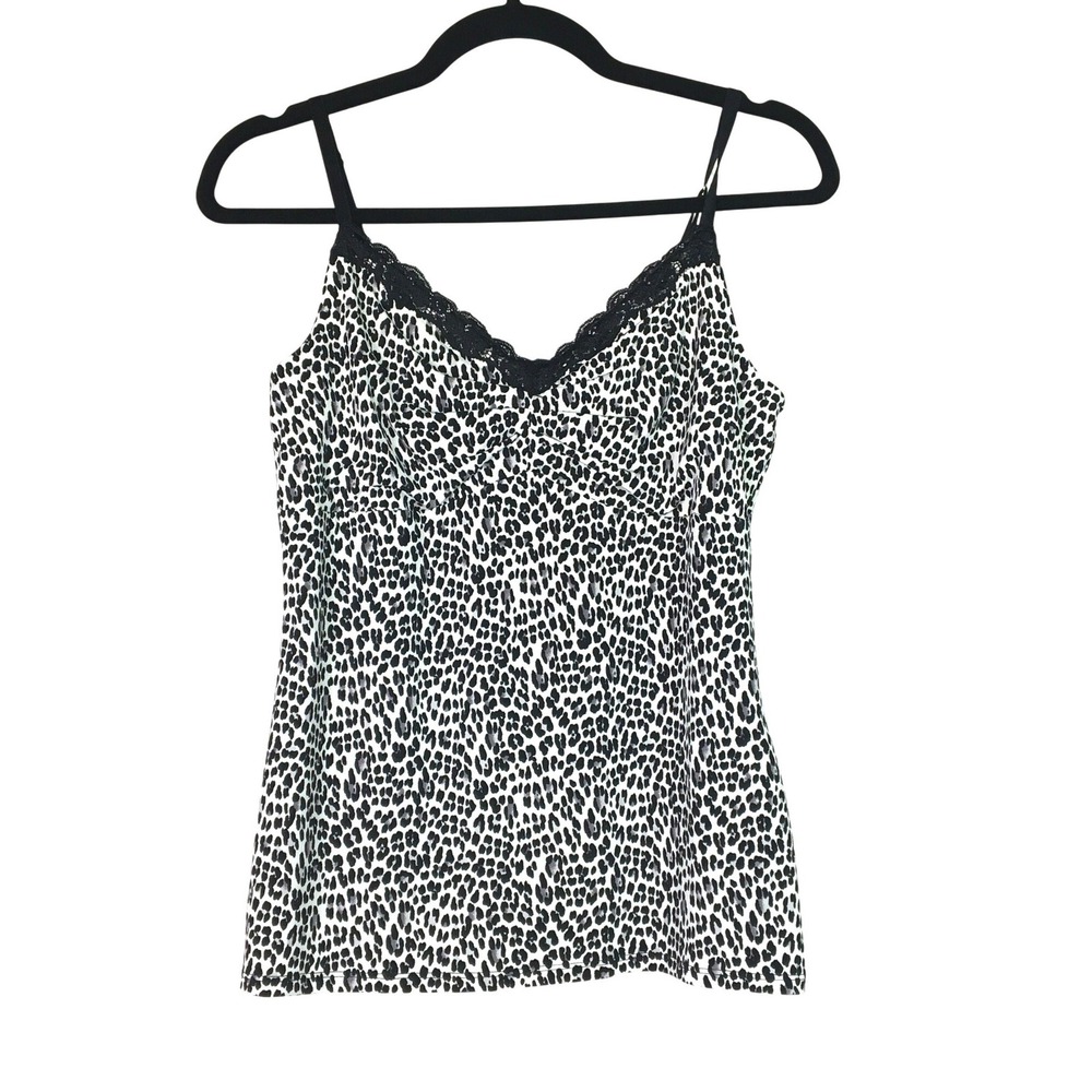 White House Black Market Snow Leopard Lace Trim Babydoll Lined Cami Top Size M